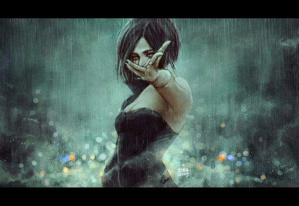 Anime picture 1300x900 with original nanfe single looking at viewer short hair blue eyes black hair standing bare shoulders signed outstretched arm letterboxed rain steam girl dress black dress