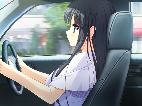 Anime picture 1280x960 with hoshizora e kakaru hashi doga kobo yorozu senka long hair blue eyes black hair game cg car interior girl ground vehicle car