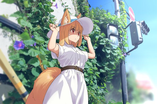 Anime picture 1920x1280 with original arukiru single long hair fringe highres breasts blonde hair red eyes standing animal ears looking away sky outdoors tail animal tail blurry arms up from below short sleeves