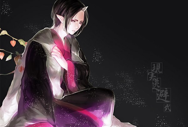 Anime picture 800x540 with hoozuki no reitetsu wit studio hoozuki (hoozuki no reitetsu) ihiro single short hair black hair simple background red eyes sitting holding looking away traditional clothes parted lips head tilt japanese clothes horn (horns) pointy ears wide sleeves black background