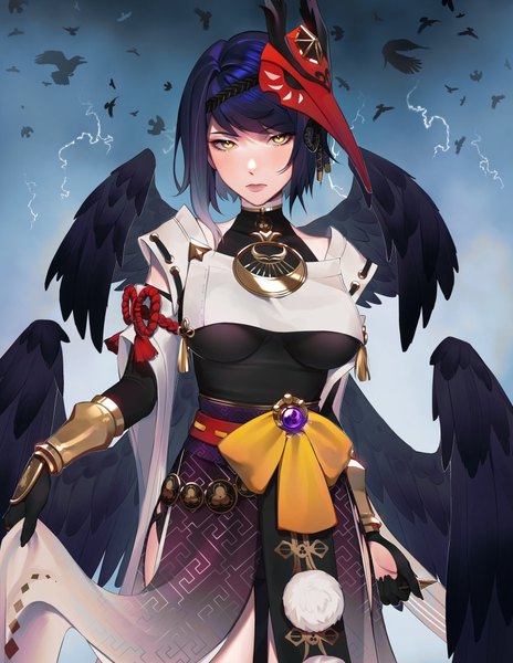 Anime picture 850x1100 with genshin impact kujou sara lavelis single tall image looking at viewer short hair breasts large breasts standing yellow eyes blue hair black wings expressionless mask on head multiple wings girl gloves animal wings