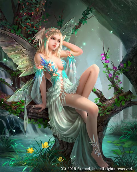 Anime picture 800x1000 with dragon's shadow prifiore (dragon's shadow) eudia (serenity2200) single long hair tall image breasts light erotic blonde hair sitting bare shoulders looking away full body bent knee (knees) outdoors barefoot hair flower realistic arm support bare legs