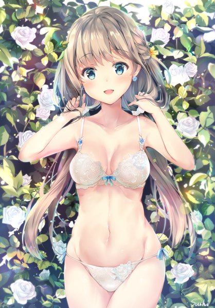 Anime picture 593x850 with original suihi single long hair tall image looking at viewer blush fringe breasts open mouth blue eyes light erotic blonde hair smile standing twintails bare shoulders cleavage :d underwear only