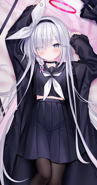 Anime picture 1000x1896 with blue archive plana (blue archive) shouu-kun single tall image looking at viewer blush fringe silver hair lying blunt bangs braid (braids) long sleeves very long hair pleated skirt hair over one eye open clothes arms up on back grey eyes