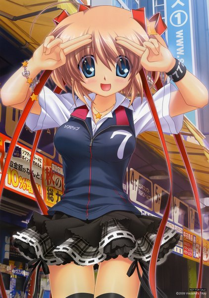 Anime picture 2402x3415 with little busters! key (studio) kamikita komari single tall image looking at viewer blush highres short hair open mouth blue eyes blonde hair two side up girl thighhighs hair ornament star hair ornament