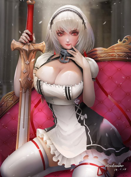 Anime picture 1126x1513 with azur lane sirius (azur lane) turewindwalker single tall image looking at viewer blush fringe short hair breasts light erotic hair between eyes red eyes large breasts sitting holding signed cleavage silver hair nail polish