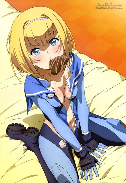 Anime picture 4086x5934 with heavy object j.c. staff megami magazine milinda brantini hiyamizu yukie single tall image looking at viewer blush fringe highres short hair breasts blue eyes light erotic blonde hair absurdres bent knee (knees) official art girl