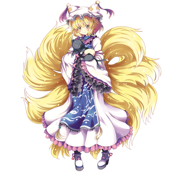 Anime picture 2480x2480 with touhou yakumo ran chen chen (cat) north abyssor highres blonde hair yellow eyes tail cat tail fox tail transparent background girl hat cat