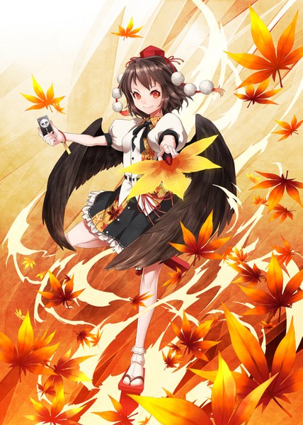 Anime picture 1141x1600 with touhou shameimaru aya kunieda tall image short hair black hair smile red eyes girl hat wings leaf (leaves) fan hauchiwa