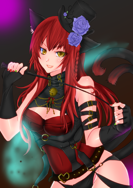 Anime picture 2480x3508 with touhou kaenbyou rin tokei (aomr-hrsk) single long hair tall image highres animal ears yellow eyes red hair nail polish animal tail cat ears cat tail girl gloves hat fingerless gloves mini hat mini top hat