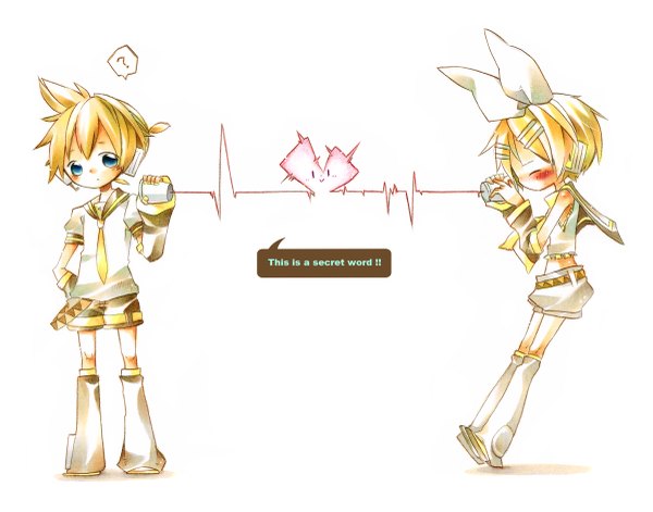 Anime picture 1200x943 with vocaloid kagamine rin kagamine len akisame kou blush short hair blue eyes simple background blonde hair white background ponytail eyes closed profile inscription shadow couple twins brother and sister ? girl