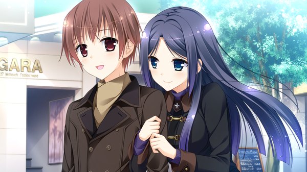 Anime picture 1920x1080 with sakura mau otome no rondo mahara aoi amatsuka ryouka long hair blush highres short hair open mouth blue eyes smile red eyes brown hair wide image blue hair game cg couple girl boy jacket