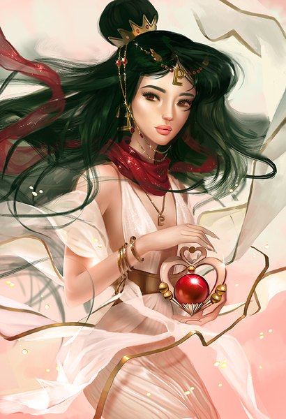 Anime picture 618x903 with bishoujo senshi sailor moon toei animation meiou setsuna sailor pluto michael okey single long hair tall image red eyes bare shoulders holding looking away green hair wind hair bun (hair buns) lipstick pink lipstick girl dress bracelet