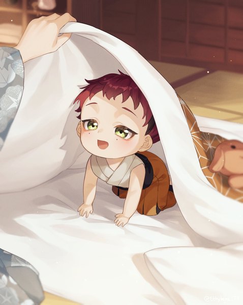 Anime-Bild 1900x2385 mit genshin impact shikanoin heizou ethylene ty tall image blush highres short hair open mouth green eyes looking away red hair indoors traditional clothes :d japanese clothes mole mole under eye solo focus on all fours alternate age