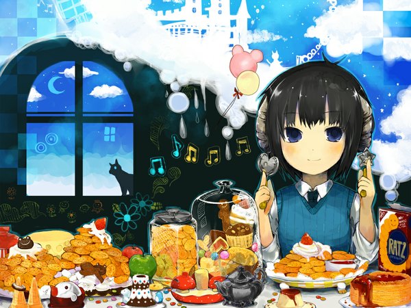 Anime picture 1040x780 with seiju natsumegu blush short hair blue eyes black hair smile horn (horns) happy food sweets fruit cake apple balloon cookie (cookies)