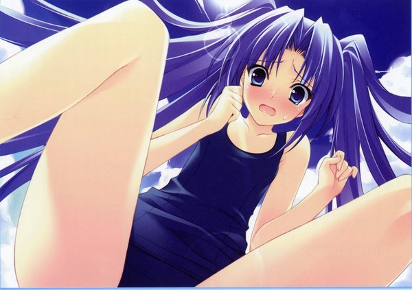 Anime picture 2118x1495 with r.g.b! shiki ai suzuhira hiro single long hair looking at viewer blush highres open mouth blue eyes light erotic twintails sky purple hair cloud (clouds) from below dutch angle spread legs girl swimsuit
