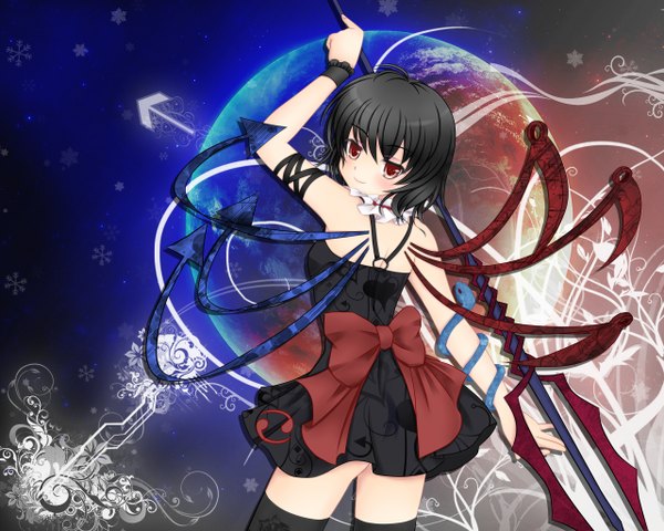 Anime picture 1280x1024 with touhou houjuu nue nekokotei short hair black hair red eyes girl bow weapon wings planet directional arrow