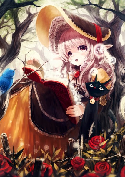 Anime picture 772x1091 with original akihira (artist) single long hair tall image looking at viewer open mouth sitting pink hair pink eyes girl dress flower (flowers) plant (plants) animal tree (trees) headdress bird (birds) rose (roses) book (books)
