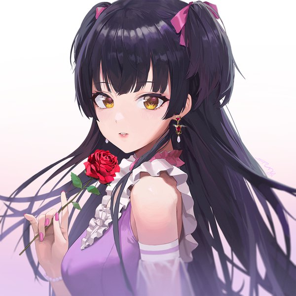 Anime picture 1000x1000 with idolmaster idolmaster shiny colors mayuzumi fuyuko spung single long hair looking at viewer fringe black hair simple background holding signed yellow eyes payot upper body blunt bangs nail polish parted lips fingernails two side up