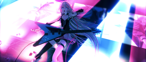 Anime picture 2960x1270 with vocaloid ia (vocaloid) ristarr single long hair highres open mouth blue eyes wide image standing bare shoulders white hair braid (braids) twin braids spread arms singing girl thighhighs black thighhighs boots