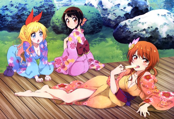 Anime picture 5949x4092 with nisekoi shaft (studio) kirisaki chitoge onodera kosaki tachibana marika yano akane long hair blush highres blue eyes blonde hair red eyes brown hair multiple girls absurdres traditional clothes japanese clothes barefoot orange hair official art