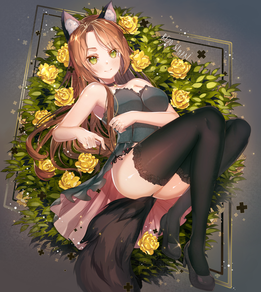 Anime picture 1024x1146 with original rezo-sempai single long hair tall image looking at viewer blush fringe breasts light erotic simple background smile brown hair bare shoulders green eyes signed animal ears full body tail animal tail