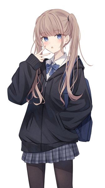 Anime picture 2160x3840 with original senri (senri sen) single long hair tall image looking at viewer blush fringe highres blue eyes simple background blonde hair standing white background twintails blunt bangs long sleeves pleated skirt :o sleeves past wrists