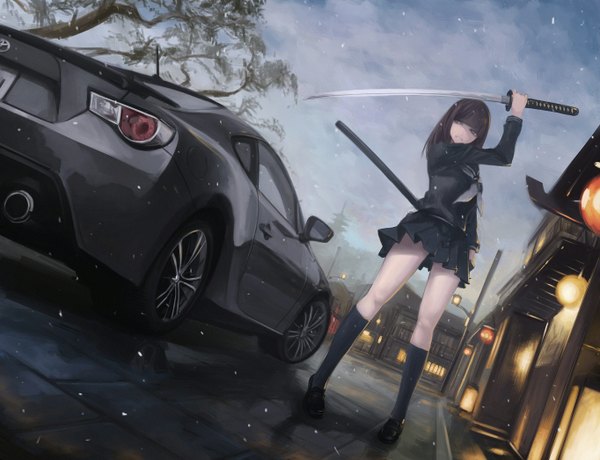 Anime picture 1364x1046 with original toyota koh (minagi kou) single long hair brown hair brown eyes looking away sky dutch angle snowing bare tree girl skirt uniform weapon plant (plants) miniskirt sword tree (trees)