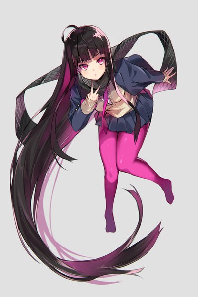 Anime picture 1100x1650 with fate (series) fate/grand order oryou (fate) danimaru iriehana single tall image looking at viewer fringe black hair simple background pink hair full body ahoge blunt bangs very long hair pink eyes multicolored hair grey background two-tone hair