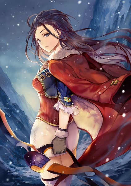 Anime picture 1200x1697 with song of time sibyl single long hair tall image looking at viewer breasts black hair holding sky cloud (clouds) outdoors parted lips looking back wind black eyes short sleeves fur trim snowing snow