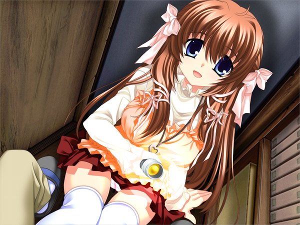 Anime picture 1024x768 with green strawberry long hair blue eyes light erotic brown hair sitting game cg solo focus pantyshot sitting girl thighhighs ribbon (ribbons) hair ribbon white thighhighs