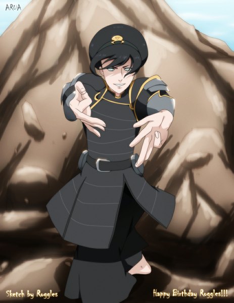 Anime picture 850x1100 with avatar: the last airbender avatar: the legend of korra nickelodeon toph beifong ar-ua single tall image short hair black hair smile sky inscription coloring magic white eyes girl belt armor stone (stones)