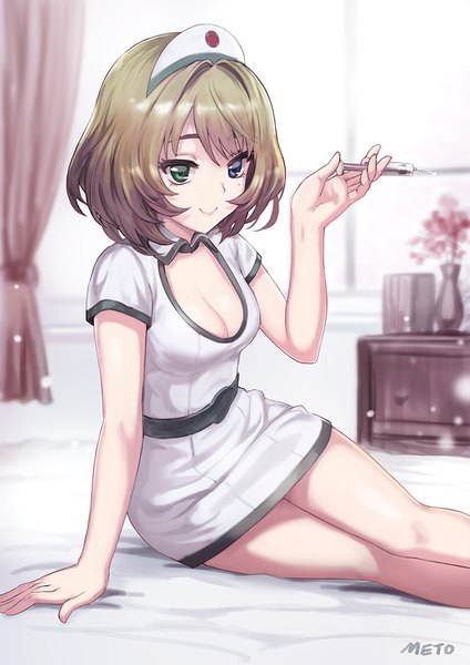 Anime picture 800x1131 with idolmaster idolmaster cinderella girls takagaki kaede meto31 single tall image looking at viewer fringe short hair blue eyes smile hair between eyes brown hair sitting holding green eyes signed cleavage indoors blurry