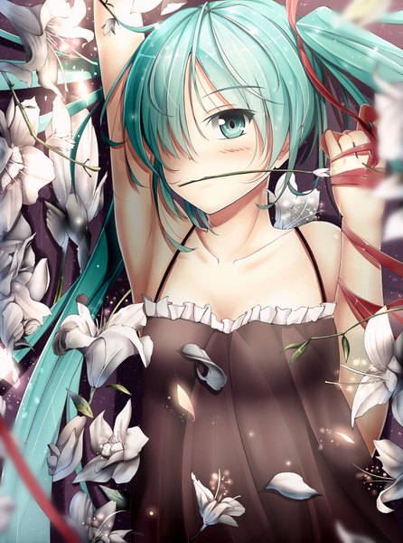 Anime picture 1500x2019 with vocaloid hatsune miku soulkiller (brz) single long hair tall image looking at viewer blush fringe twintails bare shoulders holding aqua eyes hair over one eye aqua hair armpit (armpits) mouth hold girl dress flower (flowers)