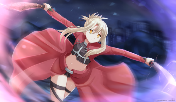 Anime picture 1900x1104 with fate (series) fate/kaleid liner prisma illya type-moon illyasviel von einzbern kazenokaze single long hair blush highres blonde hair wide image holding yellow eyes long sleeves open clothes open jacket bare belly midriff city spread arms