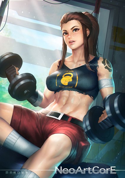 Anime picture 800x1132 with overwatch blizzard entertainment brigitte (overwatch) nudtawut thongmai single long hair tall image looking at viewer blush breasts brown hair sitting brown eyes signed payot ponytail realistic bare belly midriff tattoo