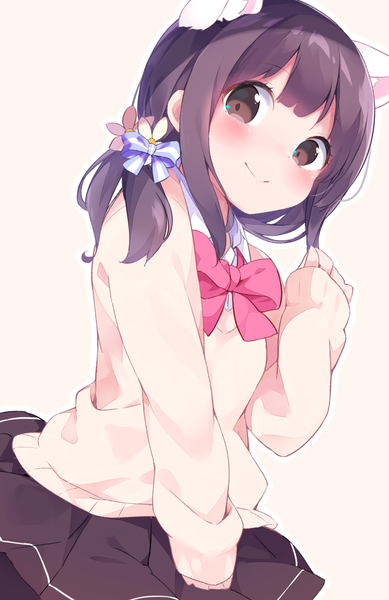 Anime picture 800x1234 with original chikuwa. single tall image looking at viewer blush short hair simple background smile brown hair brown eyes animal ears hair flower cat ears cat girl yellow background girl skirt flower (flowers) bow