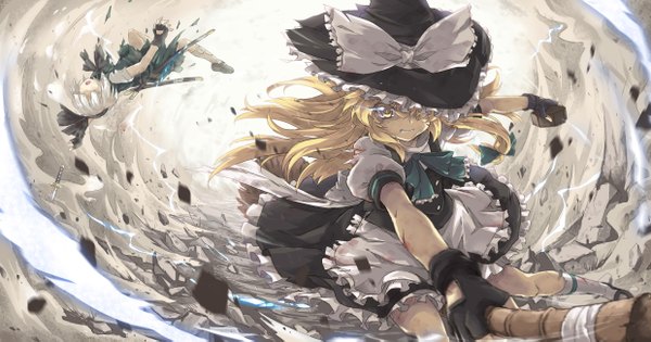 Anime picture 2480x1302 with touhou kirisame marisa konpaku youmu north abyssor long hair fringe highres short hair blonde hair wide image multiple girls white hair hair over one eye torn clothes scar flying witch battle girl dress