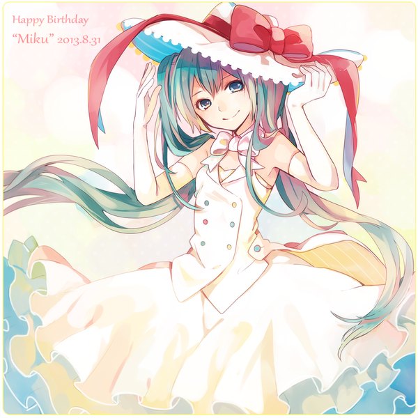 Anime picture 1039x1039 with vocaloid hatsune miku tama (songe) single long hair looking at viewer smile twintails bare shoulders very long hair multicolored hair aqua eyes aqua hair text happy birthday girl dress skirt gloves ribbon (ribbons)