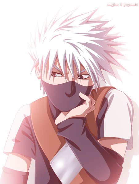 Anime picture 1000x1331 with naruto studio pierrot naruto (series) hatake kakashi aagito single tall image short hair white background white hair arm support grey eyes coloring boy mask