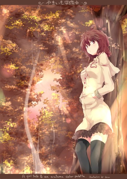 Anime picture 2507x3541 with original aruu (memories) single tall image highres short hair black hair brown eyes hands in pockets girl thighhighs black thighhighs plant (plants) tree (trees)