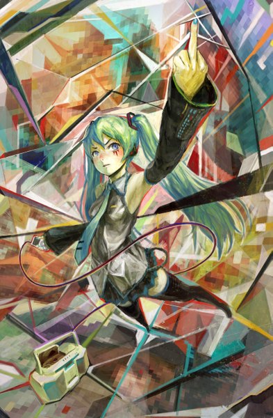 Anime picture 1677x2556 with vocaloid ipod hatsune miku arata yokoyama single long hair tall image blue eyes twintails green hair face paint middle finger girl necktie thigh boots wire (wires)