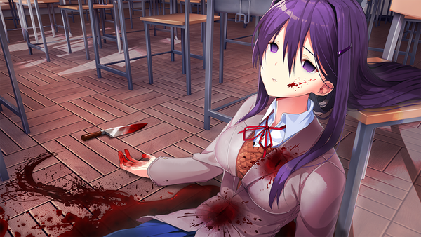 Anime picture 1280x720 with doki doki literature club yuri (doki doki literature club) satchely single long hair fringe hair between eyes wide image sitting purple eyes payot game cg purple hair indoors long sleeves parted lips blood on face classroom bloody clothes injury