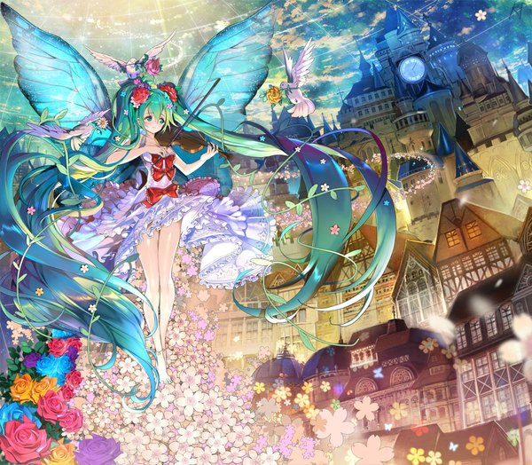 Anime picture 900x787 with vocaloid hatsune miku repi987 single blush twintails bare shoulders green eyes looking away sky cloud (clouds) very long hair barefoot aqua hair playing instrument girl dress flower (flowers) animal frills