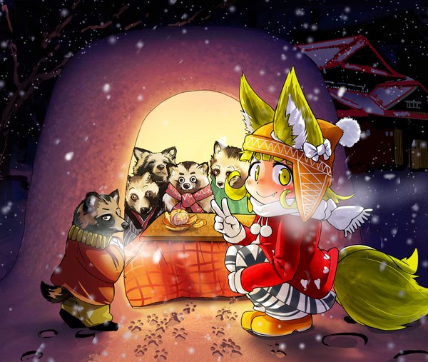 Anime picture 3712x3136 with original kogitsune (doitsuken) doitsuken looking at viewer highres short hair blonde hair smile animal ears yellow eyes absurdres tail animal tail fang (fangs) fox ears fox tail fox girl victory snowing snow