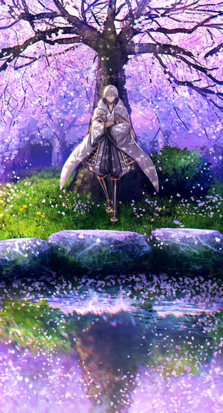 Anime picture 1513x2800 with touken ranbu nitroplus tsurumaru kuninaga abandon ranka single tall image looking at viewer fringe short hair smile hair between eyes yellow eyes silver hair full body traditional clothes parted lips japanese clothes wide sleeves cherry blossoms reflection