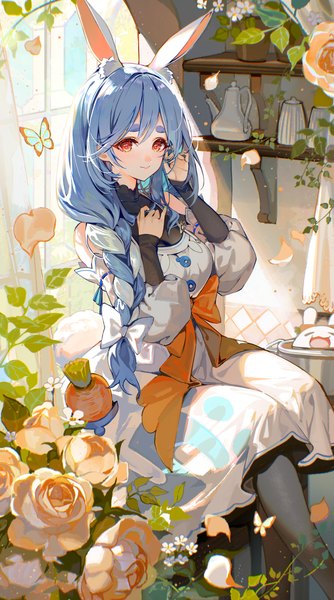 Anime picture 1800x3231 with virtual youtuber hololive pekomama akizero1510 single long hair tall image highres red eyes sitting animal ears blue hair indoors tail braid (braids) animal tail bunny ears single braid bunny girl eyebrows