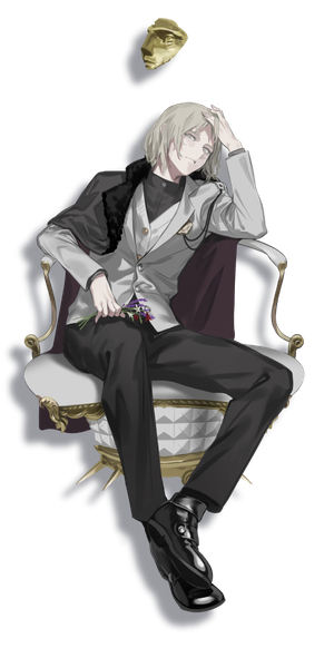 Anime picture 512x1024 with caligula minezawa izuru oguchi (sugimoto gang) single tall image looking at viewer fringe short hair sitting silver hair full body head tilt official art fur trim transparent background hand on head clothes on shoulders holding hair boy flower (flowers)