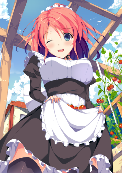 Anime picture 595x842 with original chuxue single tall image looking at viewer blush short hair open mouth blue eyes pink hair one eye closed wink from below maid girl thighhighs dress uniform black thighhighs headdress