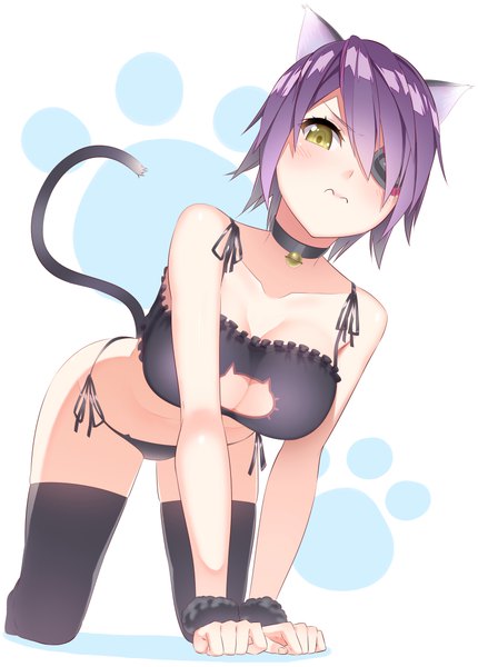 Anime picture 805x1124 with kantai collection tenryuu light cruiser yasuto (eria151) single tall image looking at viewer fringe breasts light erotic large breasts purple eyes animal ears yellow eyes purple hair tail animal tail cat ears hair over one eye from below cat tail